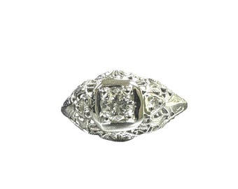 Vintage 18K White Gold Diamond Ring - Elegant Edwardian Filigree