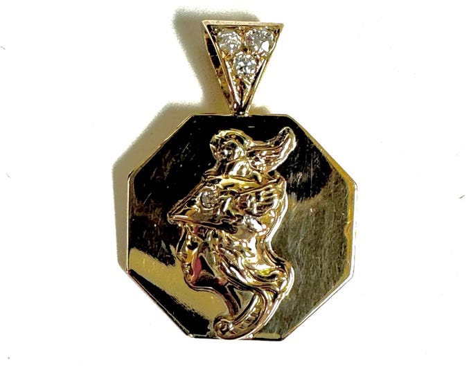 14 Karat Yellow Gold Mercury Pendant, Octagon Roman Bust Medallion with Diamond Bail