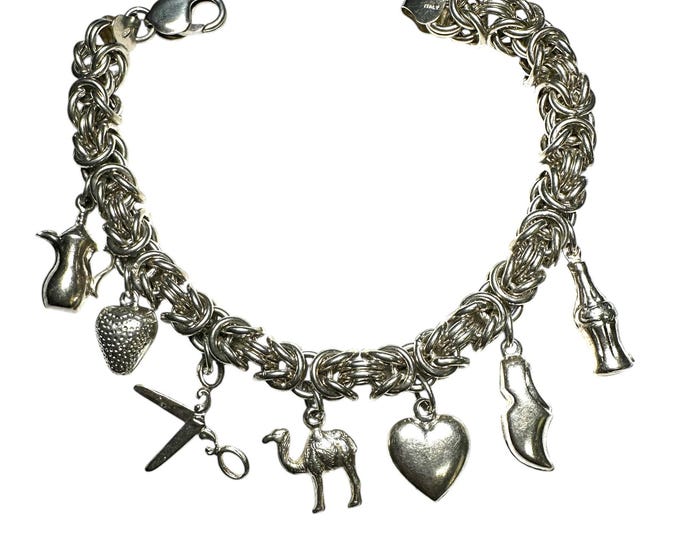 Vintage Sterling Silver Byzantine Link Bracelet with Seven Charms, Estate Silver Charm Bracelet, Antique Style Silver Jewelry