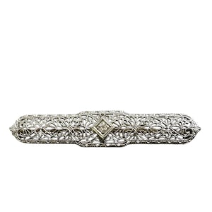 Elegant Edwardian Diamond Filigree Bar Pin in 14K White Gold