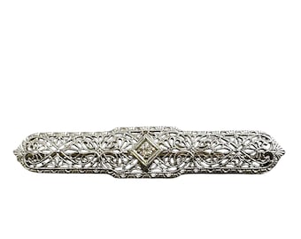 Elegant Edwardian Diamond Filigree Bar Pin in 14K White Gold