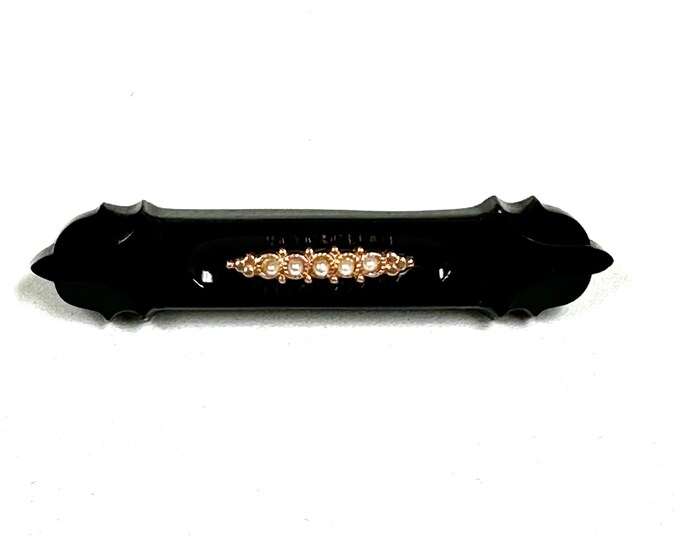 Classic Mourning Jewelry: Black Onyx and Seed Pearl Victorian Pin