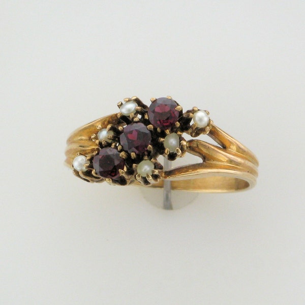 Yellow Gold Garnet and Pearl Victorian Ring; Victorian Garnet Ring; Antique Garnet Ring; Antique Garnet and Pearl Ring