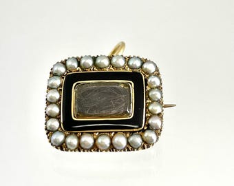 14K Yellow Gold Pearl & Black Enamel Memorial Hair Brooch Pendant