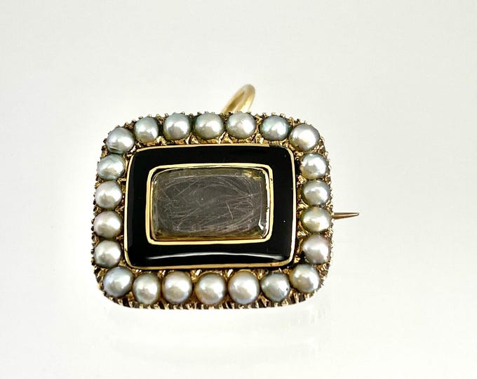 14 Karat Yellow Gold Pearl and Black Enamel Hair Pin or Pendant, Memorial Hair Pin, Memorial Black Enamel and Pearl Brooch, Hair Pendant