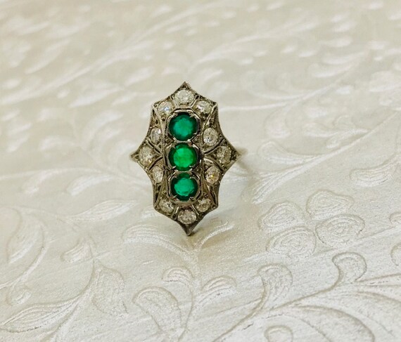 Antique Platinum Emerald and Diamond Ring, Emeral… - image 2