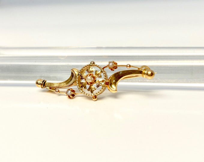 Antique Yellow Gold Victorian Pearl Brooch, Pear Pin, Stylized Pearl Bar Pin, Victorian Pearl Bar Pin, Hallmarked Brooch