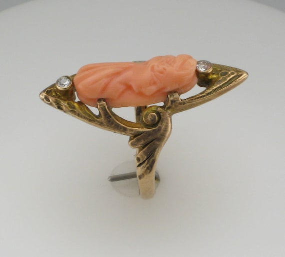 Yellow Gold Coral Cameo Ring; Coral Ring; Art Nou… - image 3