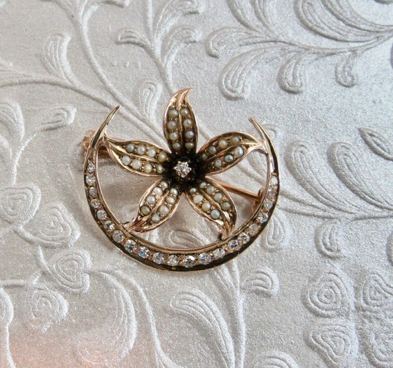 Antique Crescent and Star Pin, Antique Pin, Diamo… - image 1