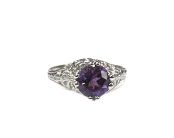 Authentic Antique 18K White Gold Filigree Amethyst Ring: Edwardian