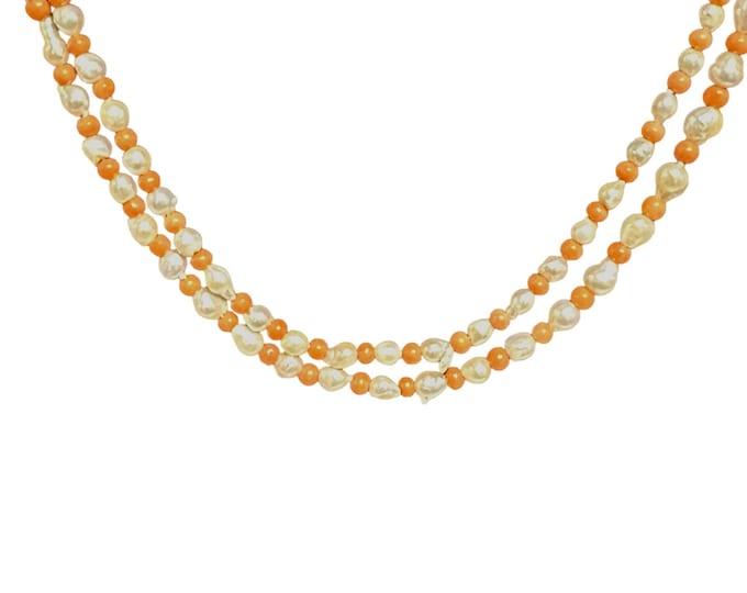 Vintage 28 Inch Coral and Cultured Baroque Pearl Necklace with 14 Karat Yellow Gold Filigree Safety Clasp