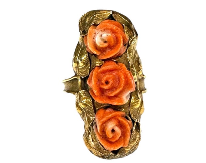 Art Nouveau Carved Coral Ring with Three Flower Design