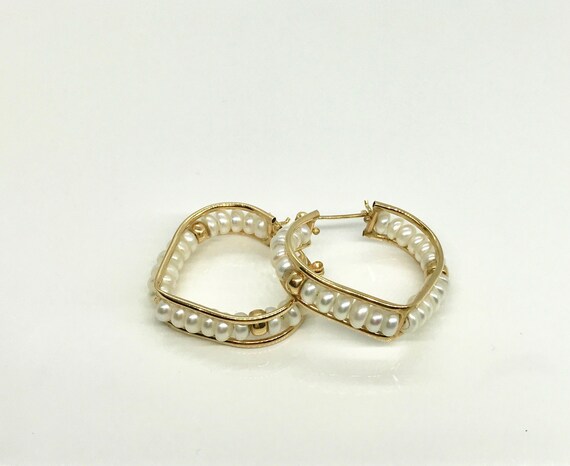 Vintage Yellow Gold Pearl Hoop Earrings, Tear Drop