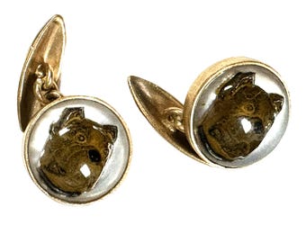 Vintage 14 Karat Yellow Gold Essex Crystal Bull Dog Reversed Carved Cufflinks, Bull Dog Style Cuff Links