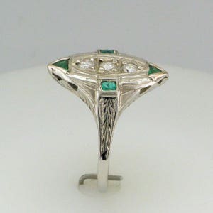 Diamond and Laboratory Grown Emerald Filigree Ring, Antique Diamond and Emerald Ring, 18 Karat White Gold Edwardian Diamond Ring image 2