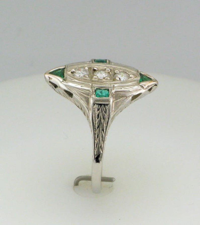 Diamond and Laboratory Grown Emerald Filigree Ring, Antique Diamond and Emerald Ring, 18 Karat White Gold Edwardian Diamond Ring image 2