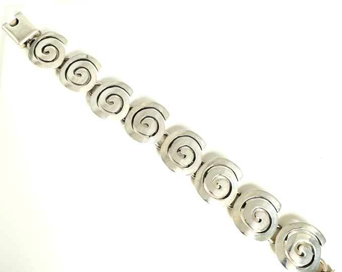 Sterling Silver Circular Link Bracelet with Swirl Design, Sterling Bracelet Stamped Mexico 925