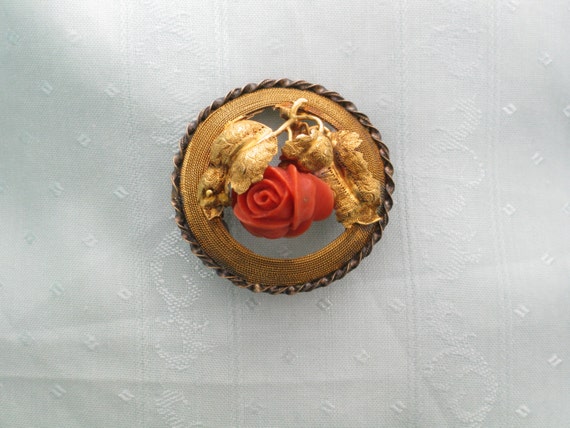 Coral Pin with Carved Coral Rose; Gold Coral Pin;… - image 2