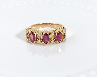 18 Karat Yellow Gold Vintage Ruby and Diamond Ring, Marquise Cut Rubies, Vintage Ruby Ring, Ruby Stacking Ring, July Birthstone Ring