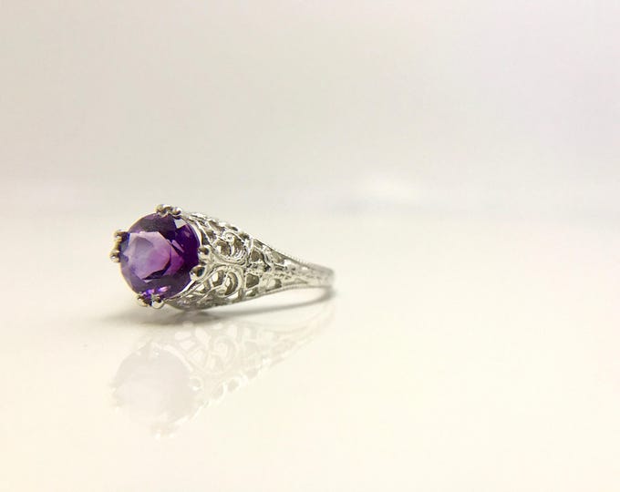 18 Karat White Gold Filigree Amethyst Ring, Amethyst Ring, Filigree Ring, Vintage Inspired Filigree Ring, Edwardian Inspired Amethyst Ring
