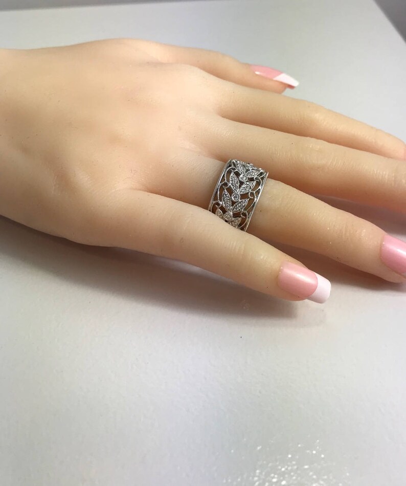 Wide Diamond Wedding Band Filigree Diamond Wedding Ring Etsy