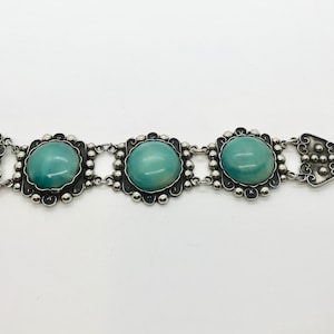 Vintage Mexican Sterling Silver Bracelet: Green Cabochon Glass, Wide Link