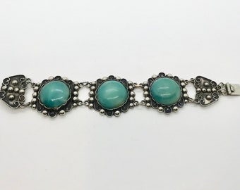 Vintage Mexican Sterling Silver Bracelet: Green Cabochon Glass, Wide Link
