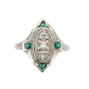 Diamond and Laboratory Grown Emerald Filigree Ring, Antique Diamond and Emerald Ring, 18 Karat White Gold Edwardian Diamond Ring image 1