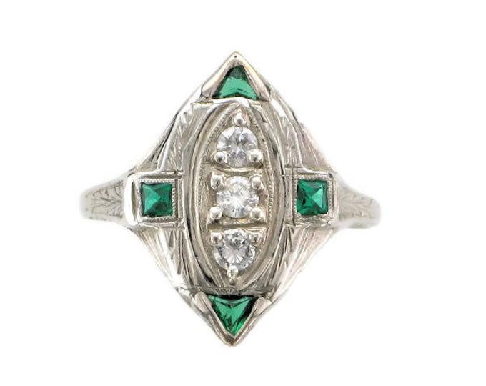 Diamond and Laboratory Grown Emerald Filigree Ring, Antique Diamond and Emerald Ring,  18 Karat White Gold Edwardian Diamond Ring