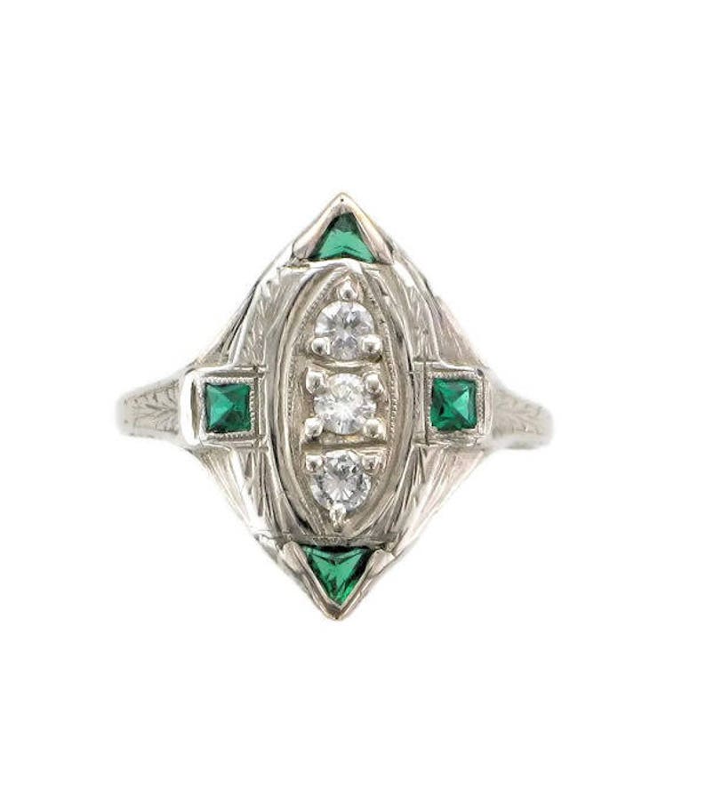 Diamond and Laboratory Grown Emerald Filigree Ring, Antique Diamond and Emerald Ring, 18 Karat White Gold Edwardian Diamond Ring image 1