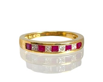 10 Karat Yellow Gold Ruby and Diamond Stacking Ring, Vintage Ruby and Diamond Band Ring