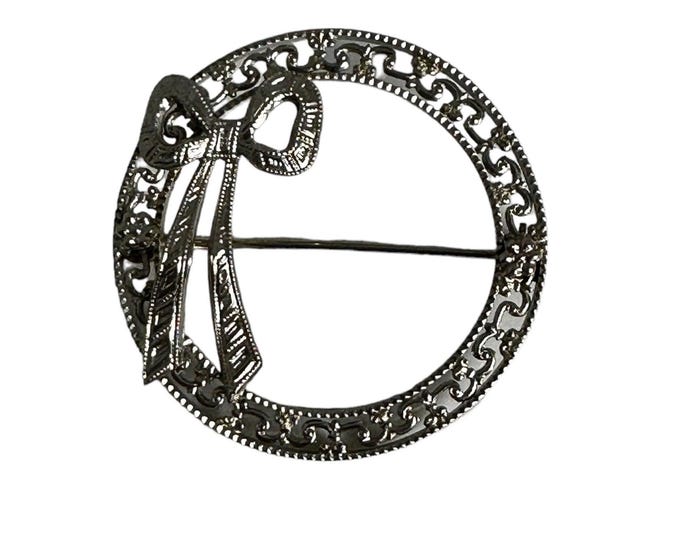 Timeless Belais Signed White Gold Filigree Brooch - 10 Karat Circle Pin with Bow Design