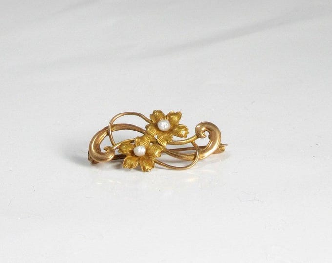Vintage Two Flower Gold Pin with Baroque Pearls - Delicate Floral Brooch