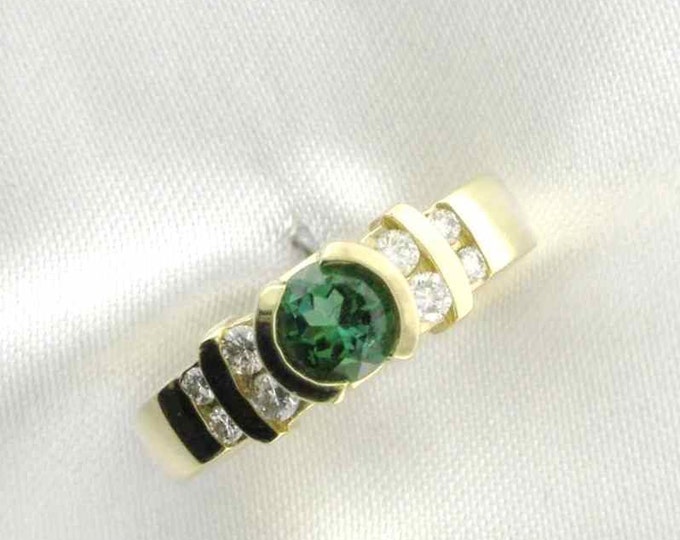 Sleek and Stunning Yellow Gold Green-Chrome Tourmaline and Diamond Ring; Channel Set Diamonds