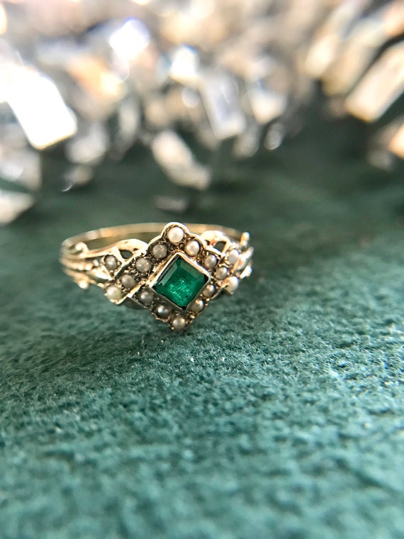 Yellow Gold Victorian Seed Pearl and Emerald Ring,