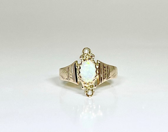Victorian Yellow Gold Opal and Seed Pearl Ring, Op