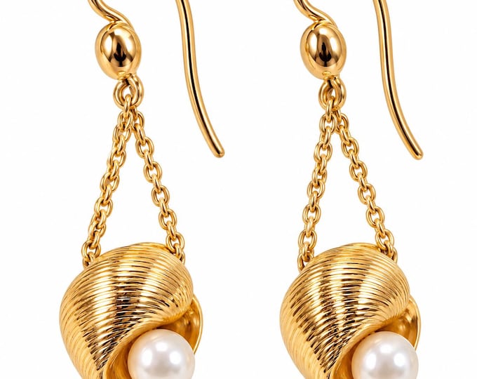 Vintage 9K Yellow Gold Seashell Earrings with Cultured Pearl Drops