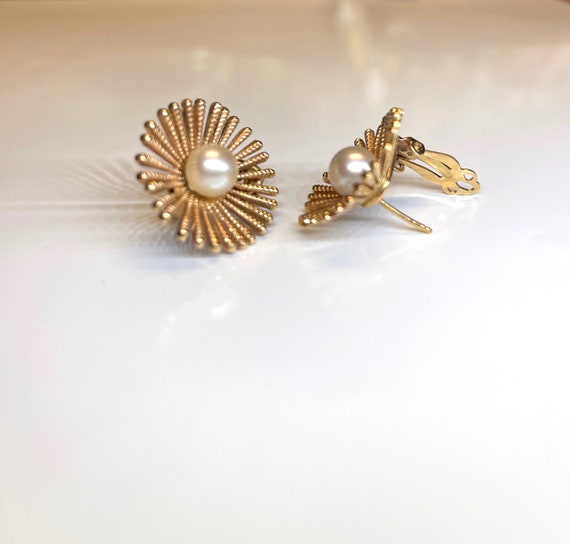Vintage Pierced Pearl Earrings, Gold Sunburst Pea… - image 3