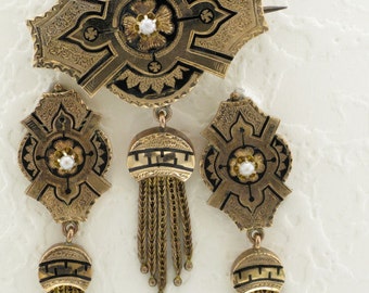 Yellow Gold Victorian Pin and Earring Set with Black Enamel and Tassels, Exquisite Antique Pin and Earring Set