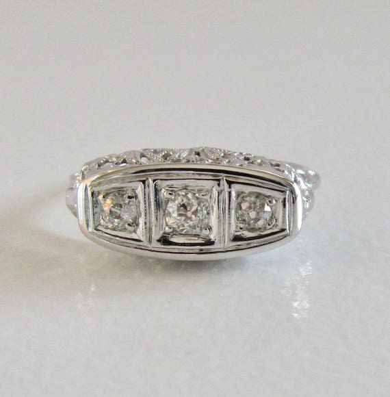 White Gold Diamond Filigree Ring, Edwardian Diamo… - image 1