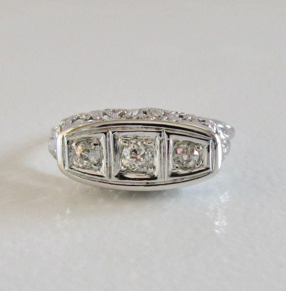 White Gold Bridal Ring Set Engagement Set Vintage Filigree Milgrain We