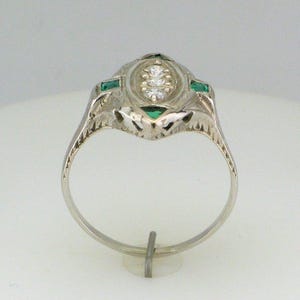 Diamond and Laboratory Grown Emerald Filigree Ring, Antique Diamond and Emerald Ring, 18 Karat White Gold Edwardian Diamond Ring image 3