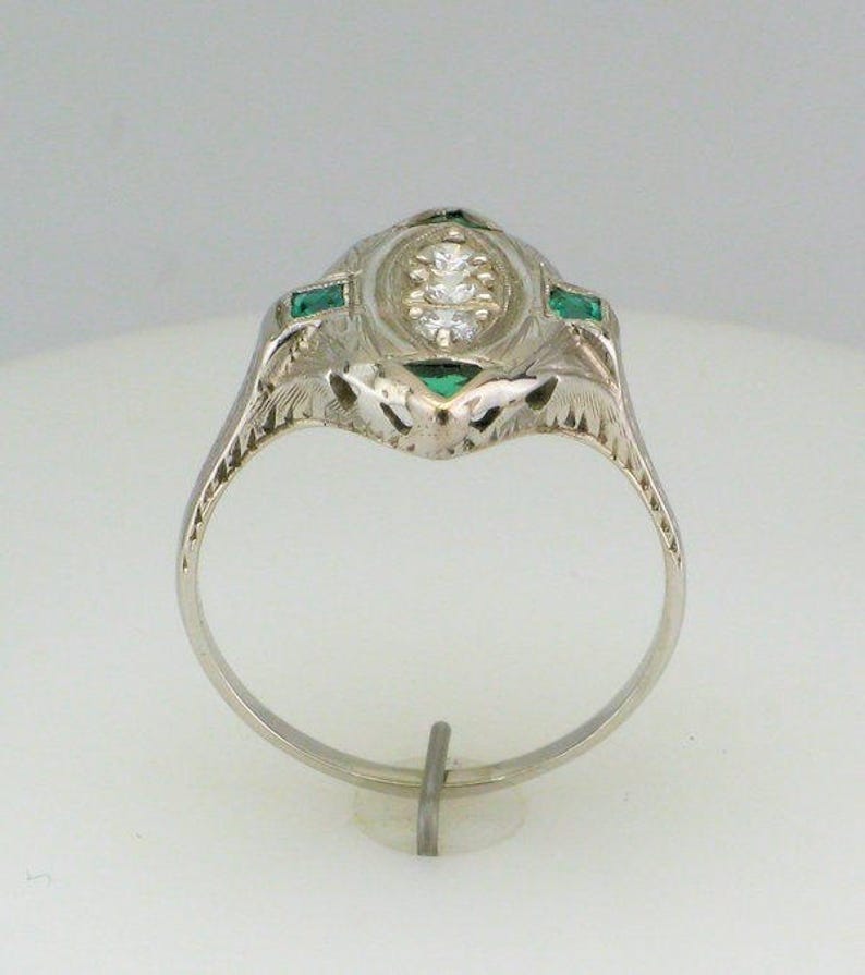 Diamond and Laboratory Grown Emerald Filigree Ring, Antique Diamond and Emerald Ring, 18 Karat White Gold Edwardian Diamond Ring image 3