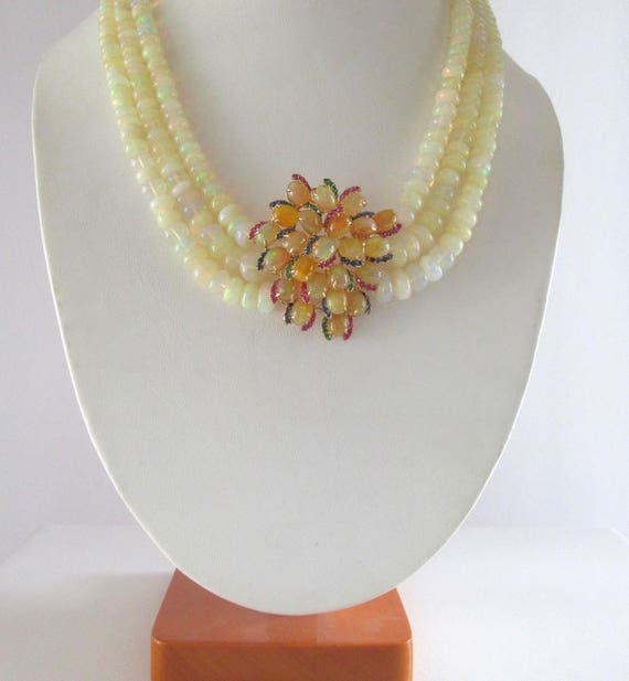 Triple Strand Opal Necklace: Sapphire, Ruby, Emer… - image 5