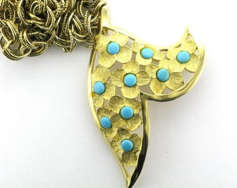 1960s Gold Tone Flower Necklace with Faux Turquoise Pendant
