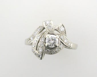 1950s White Gold Diamond Cocktail Ring: 0.34 Carat Center Stone
