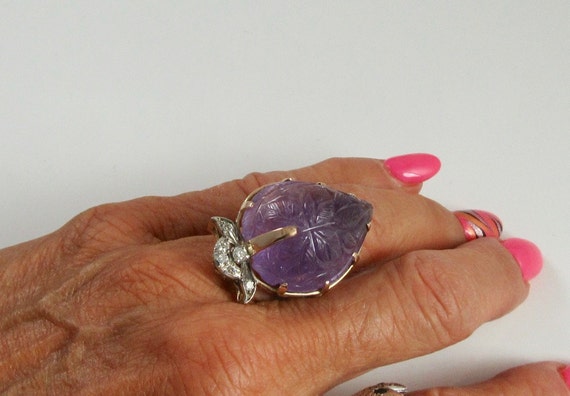 Carved Amethyst and Diamond Ring; Amethyst Statem… - image 4