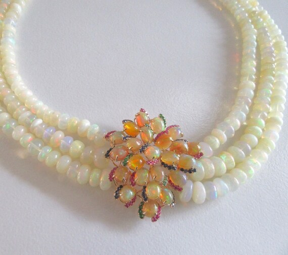Triple Strand Opal Necklace: Sapphire, Ruby, Emer… - image 2