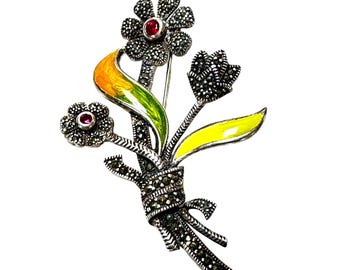 Elegant Statement Pin: Sterling Silver Marcasite Brooch with Lab Grown Rubies and Enamel Plume Leaves