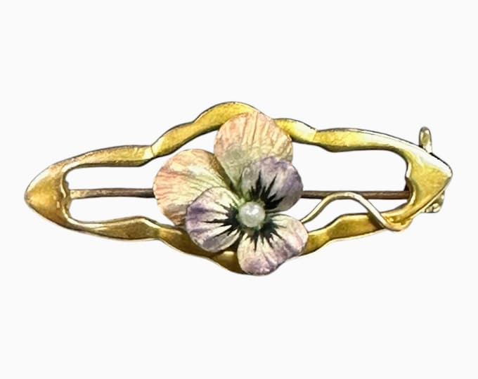 Art Nouveau 10 Karat Enamel Pansey Pin, Antique Enamel and Pearl Brooch